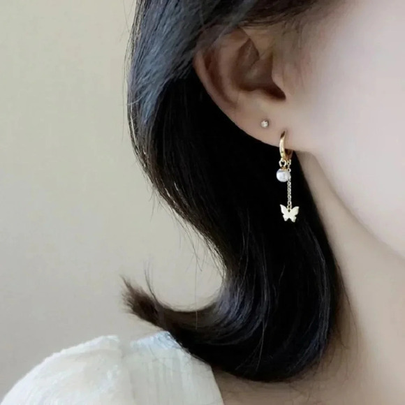 925 Sterling Silver Dangle Butterfly Pearl Huggie Earrings Gold - Picture 3 of 5